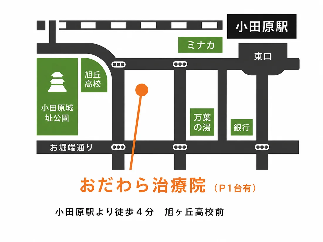 小田原駅東口からおだわら治療院までの道案内マップ(徒歩4分、旭ヶ丘高校前)